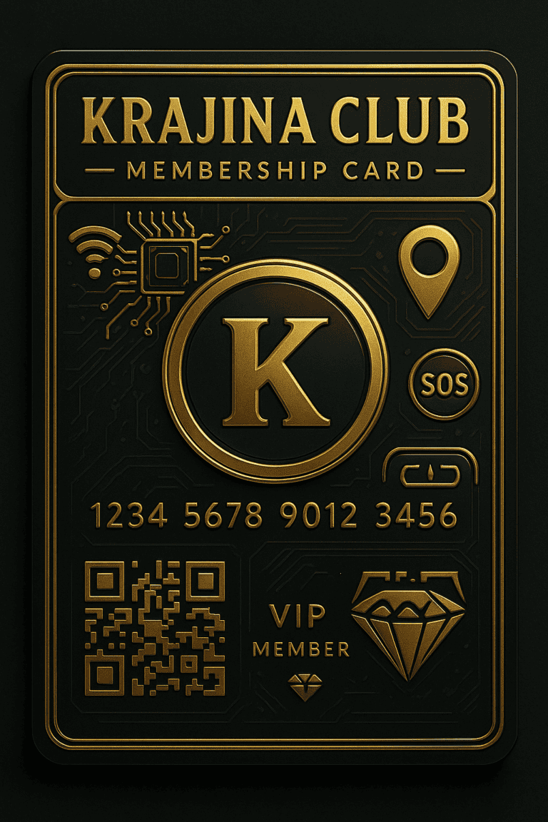 Crna zlatna Krajina Club VIP kartica sa QR kodom, SOS funkcijom, GPS lokatorom i luksuznim dizajnom