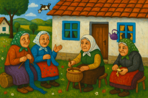 Krajiške bake ispred tradicionalne kuće u naive stilu