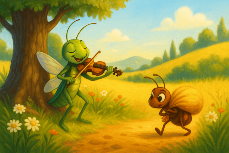 Ilustracija prikazuje vedar ljetni dan na livadi. Cvrčak sa violinom stoji na listu i svira dok se sunce smiješi s neba. Mrav nosi zrno žita i prolazi pored njega s ozbiljnim izrazom lica.