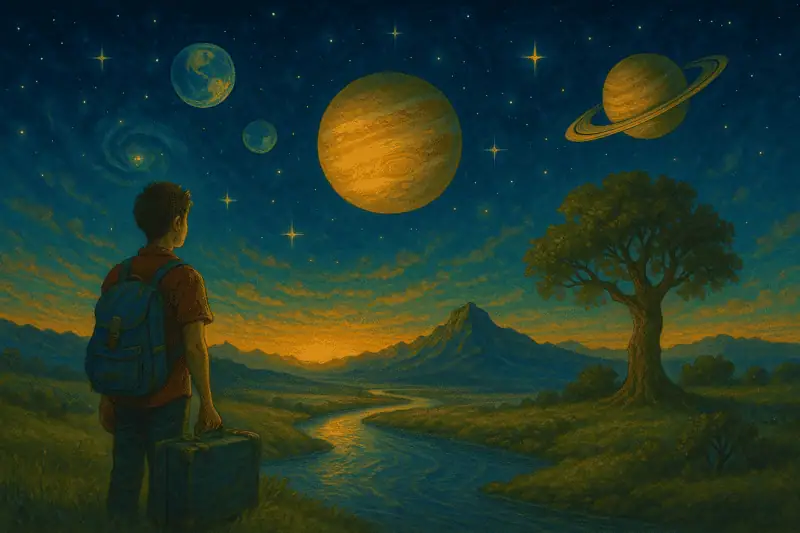 Mladi putnik sa koferom stoji pored rijeke, gledajući u planine i svemir, gdje su planete Saturn, Jupiter i Mjesec osvijetljene punim sjajem.