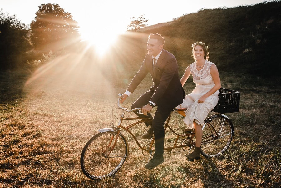 Portland wedding couple riding bikes