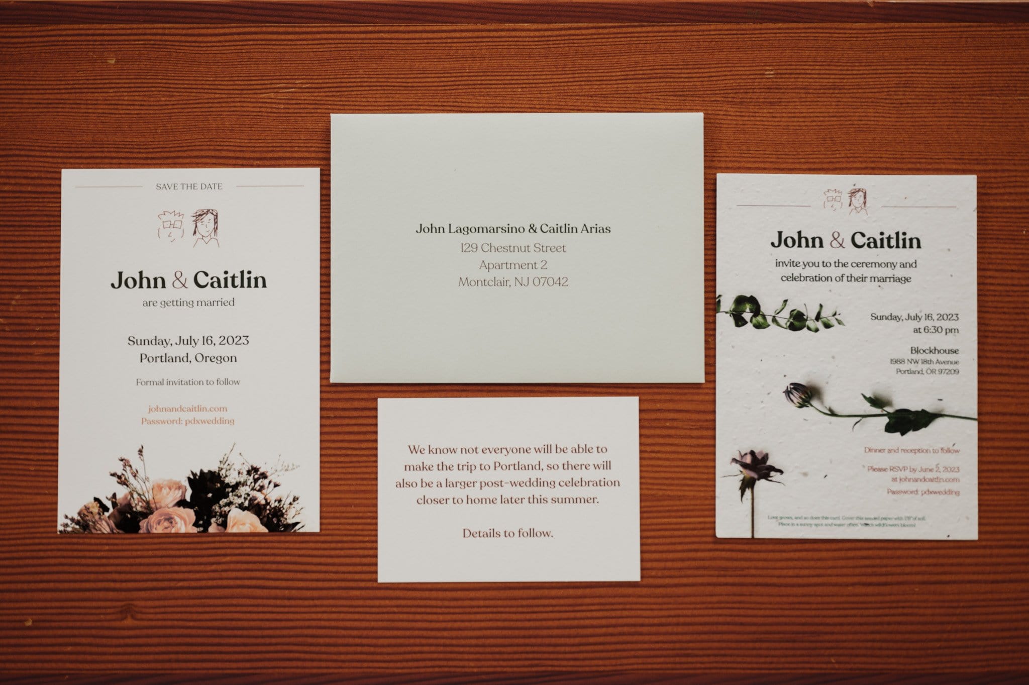 Wedding invitation set featuring floral designs includes details for John and Caitlins ceremony in Portland, Oregon. Celebrate their love and plan your day, getting ready at an Airbnb before the wedding at Blockhouse.