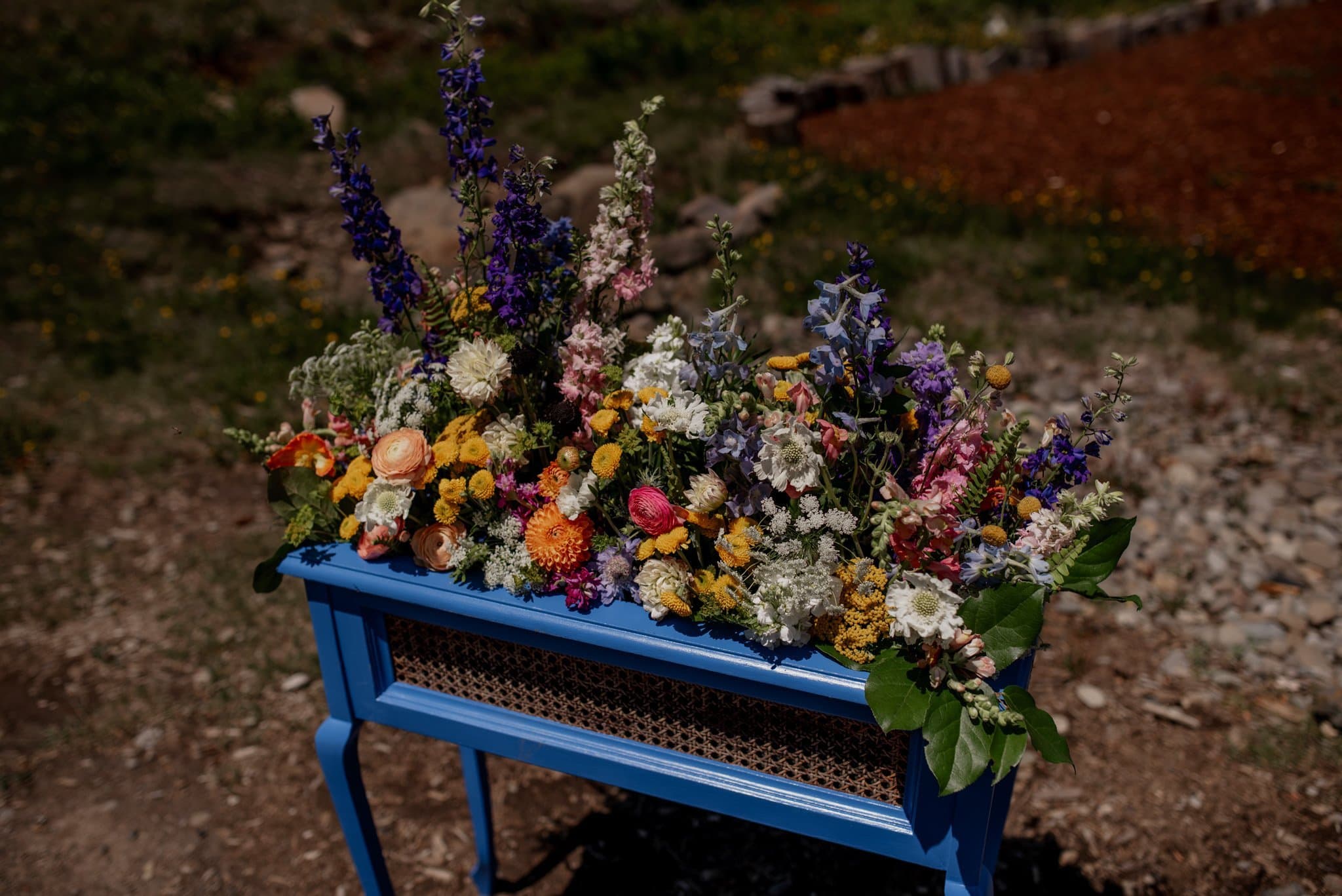 A vibrant arrangement of colorful flowers graces a blue table outdoors at a Mt Hood Ski Bowl wedding. The blooms, in shades of pink, purple, orange, yellow, and white with lush greenery, complement the garden backdrop with its patches of soil and grass.