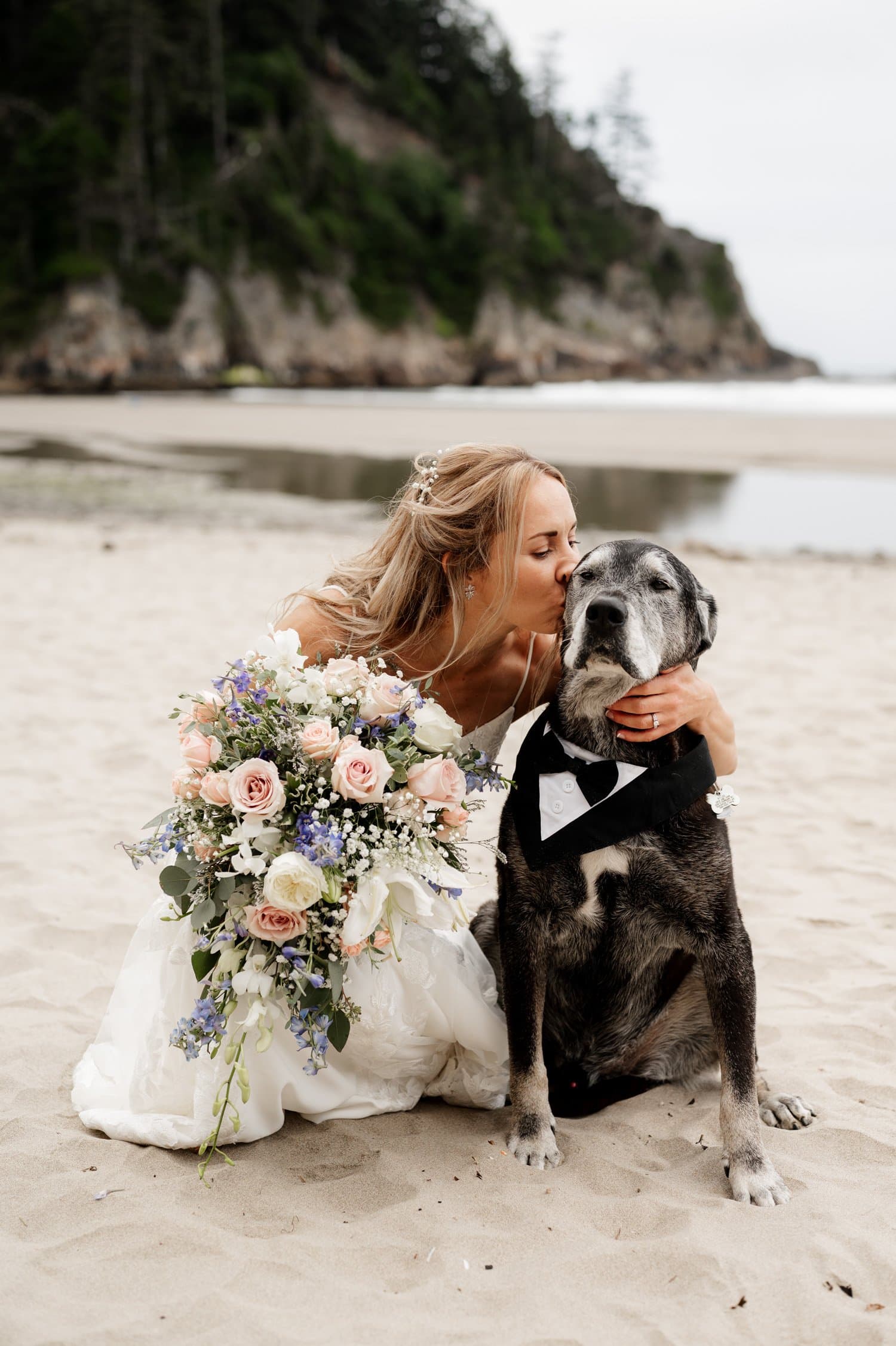 At Short Sands Beach, a bride in a white dress kisses a large dog dressed in a tuxedo on the sandy shore. She holds a bouquet of pink and purple flowers, framed by the calm sea and rocky cliffs with greenery, creating an intimate elopement scene full of love and serenity.