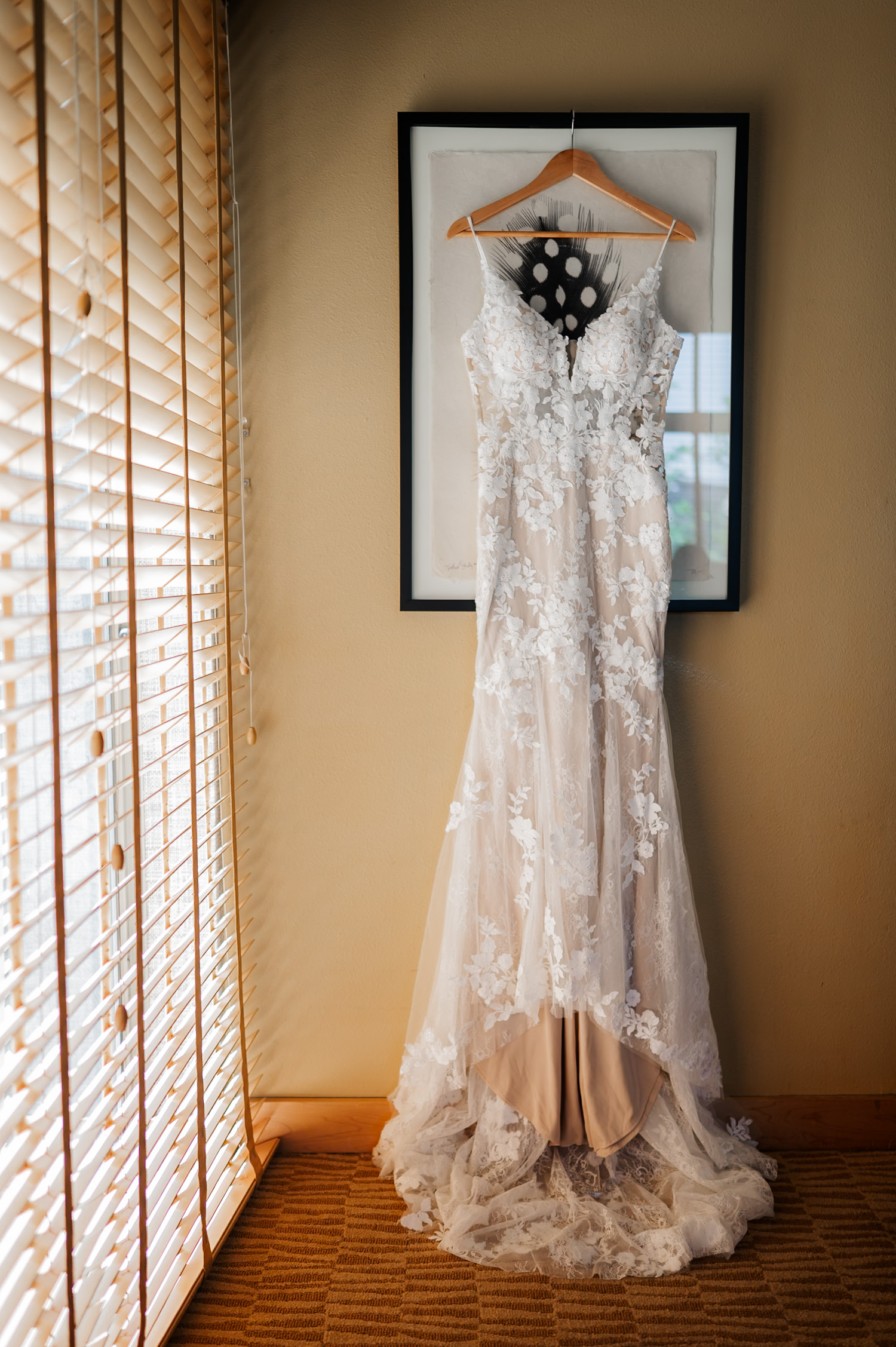 A lace wedding dress is displayed on a hanger in front of a framed picture, set against the backdrop of the Hoyt Arboretum Redwood Deck.