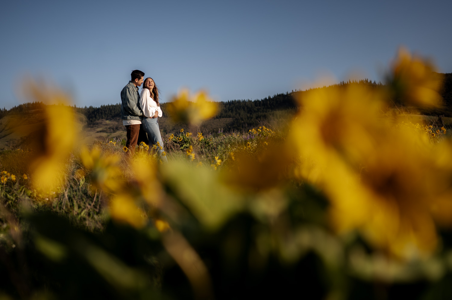 A couple smiles together in a sunlit field of wildflowers at Rowena Crest, with green hills in the background during their engagement photo session.