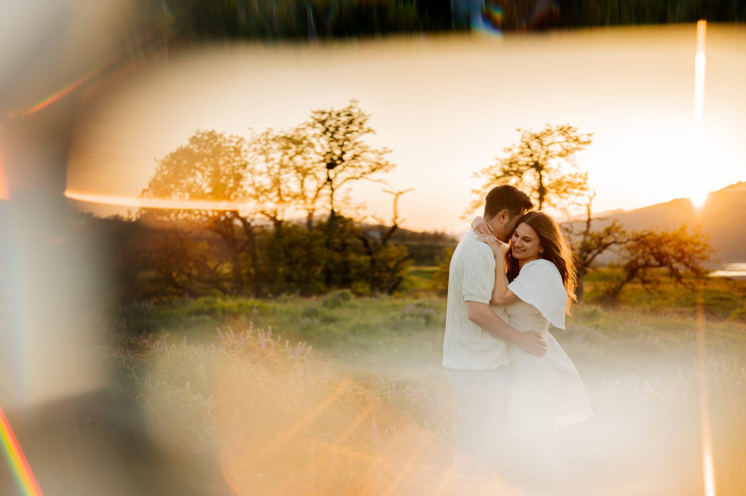 A couple embraces in a sunlit field at sunset, surrounded by wildflowers and warm golden light during their engagement session at Rowena Crest.
