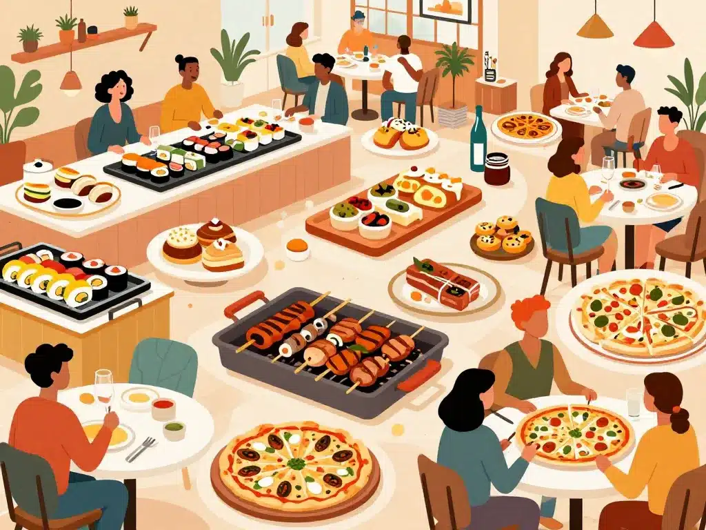 Panorama buffet à volonté Lyon avec variété de buffets