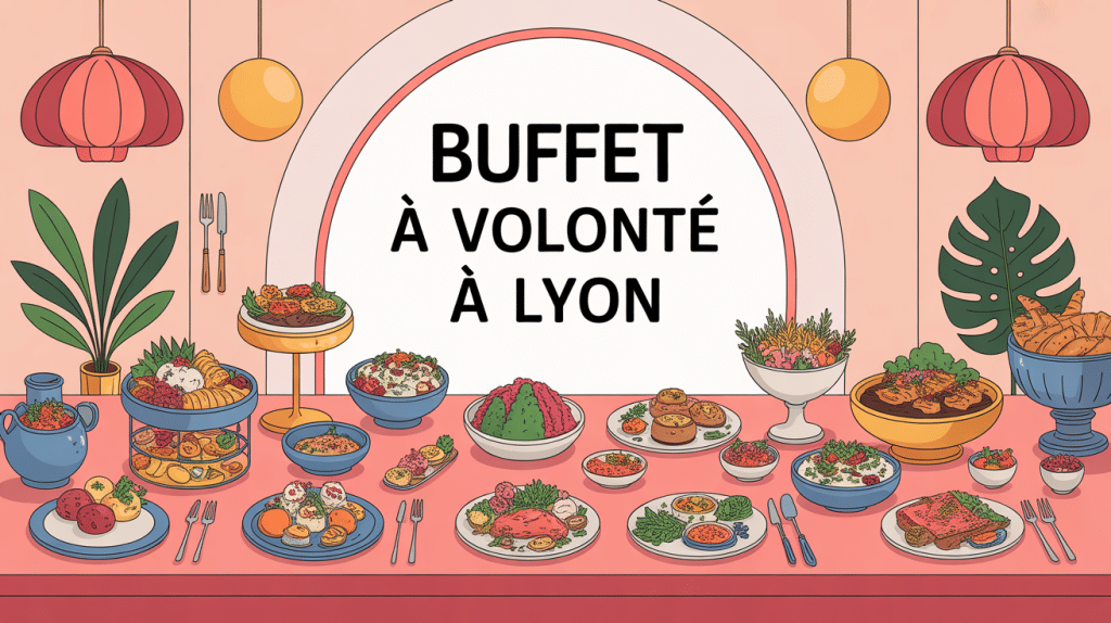 Buffet à volonté Lyon avec plats internationaux sur grande table