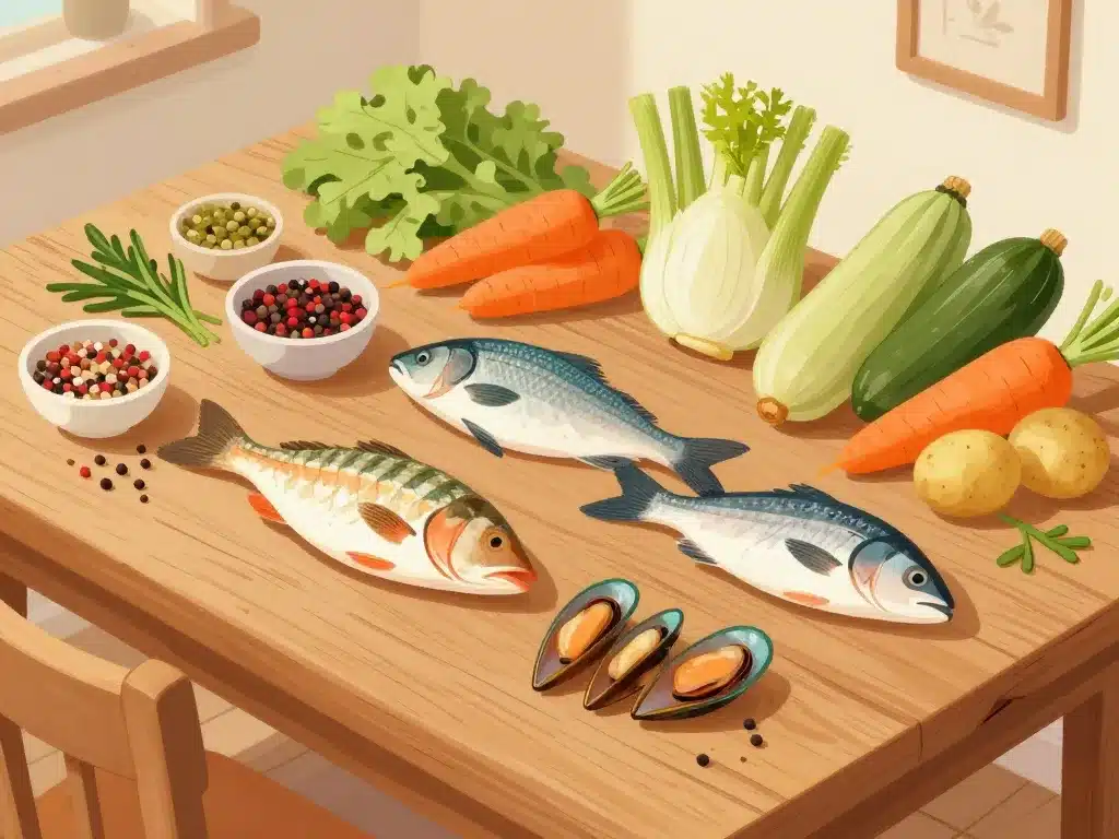 Ingrédients variés pour couscous poisson sur table