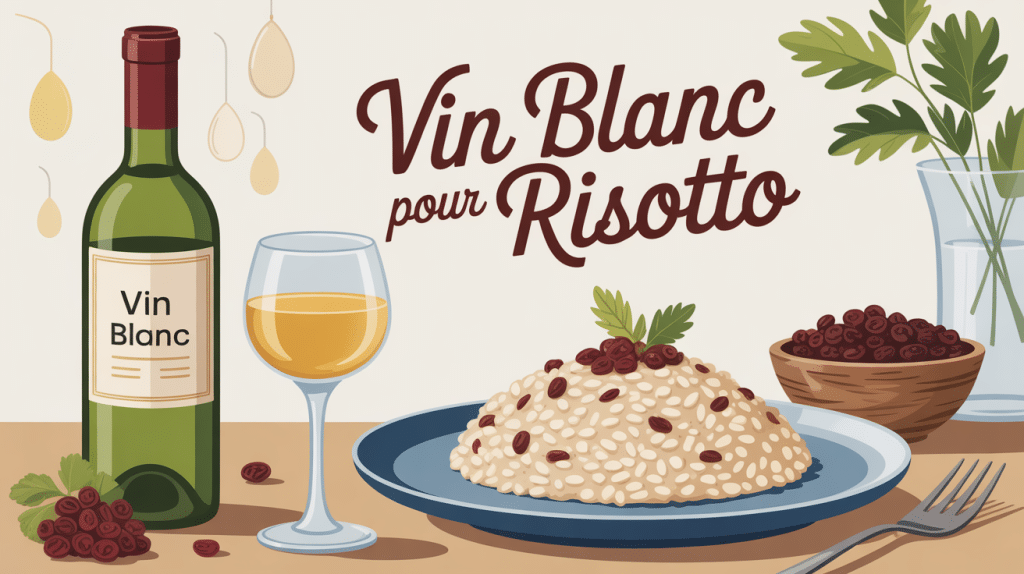 quel vin blanc pour risotto illustration bouteille verre et plat crémeux