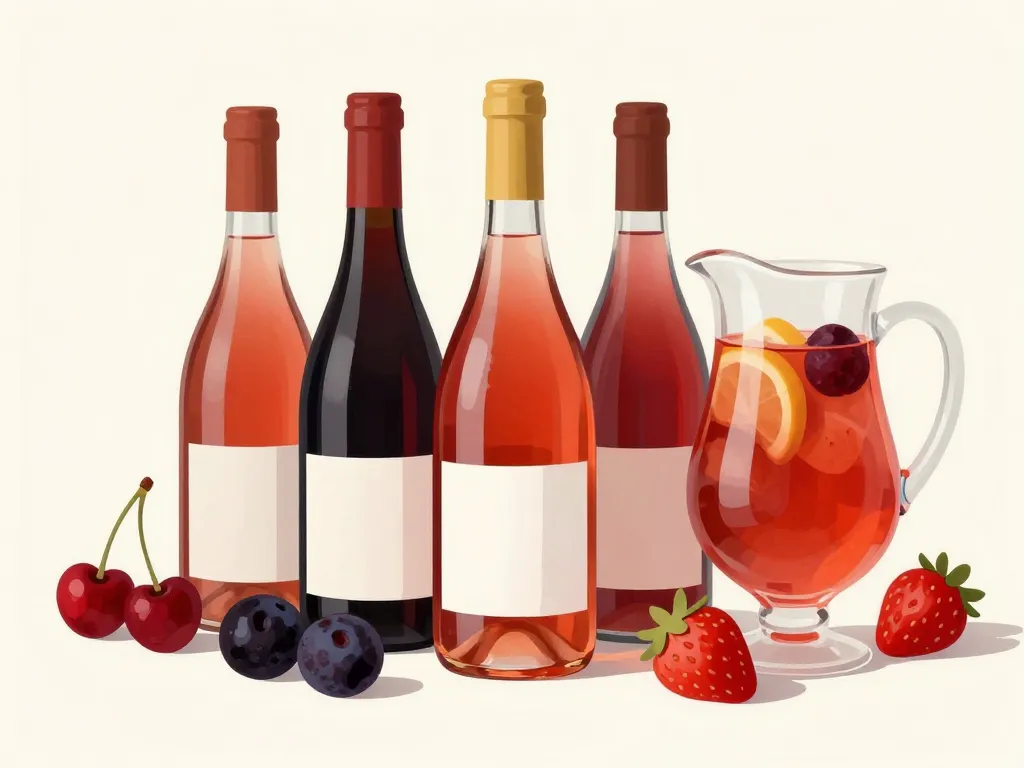 Quel vin pour la sangria, bouteilles de vin rouge jeune et fruits à côté d'une carafe