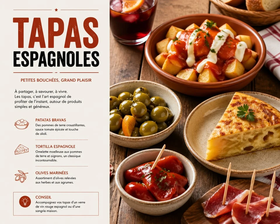 Assiette de tapas espagnoles variées, incluant patatas bravas et tortilla, pour une recette de tapas espagnol authentique.