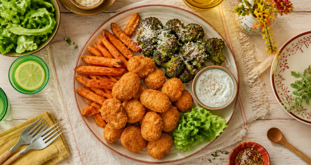 accompagnement nuggets assiette nuggets et légumes