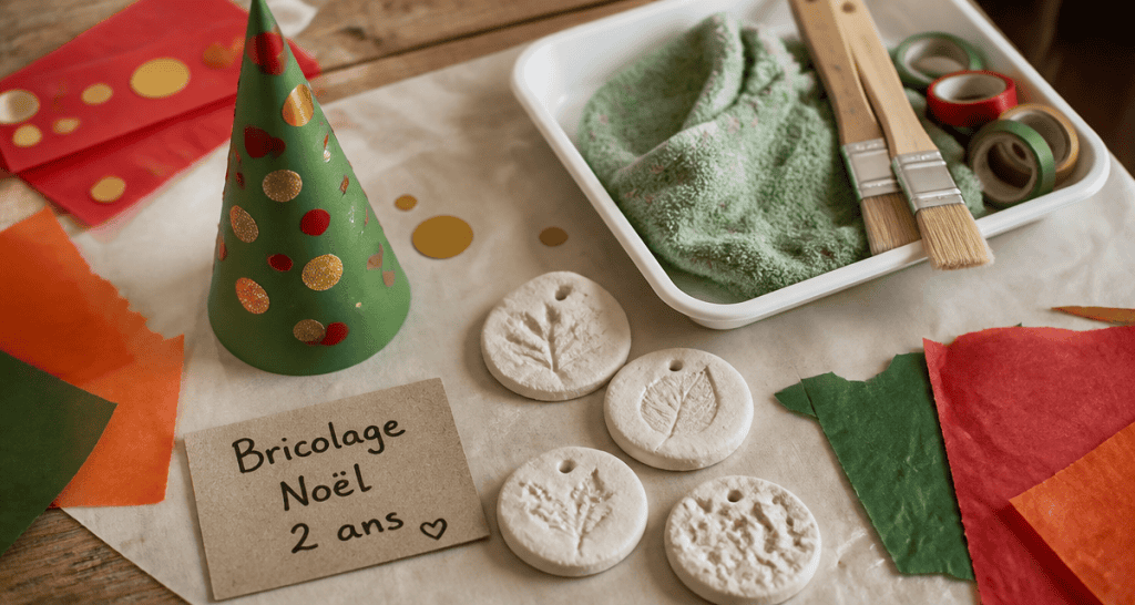 bricolage de noël pour petit de 2 ans cône décoré pâte à sel gommettes