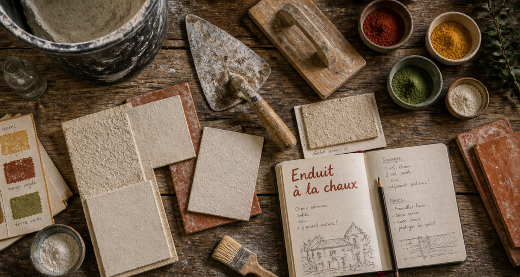 chaux enduit outils textures chantier