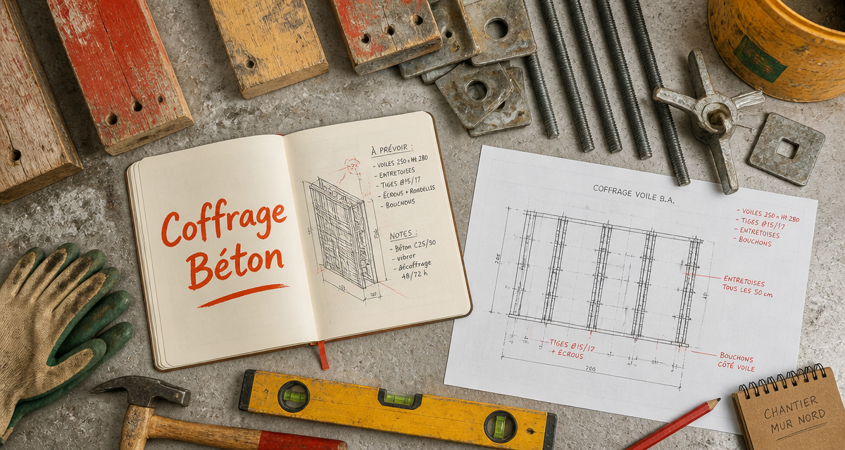 Coffrage mur outils matériaux plan chantier