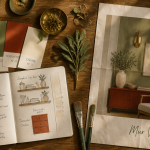 Décoration murale vert sauge avec échantillons et croquis