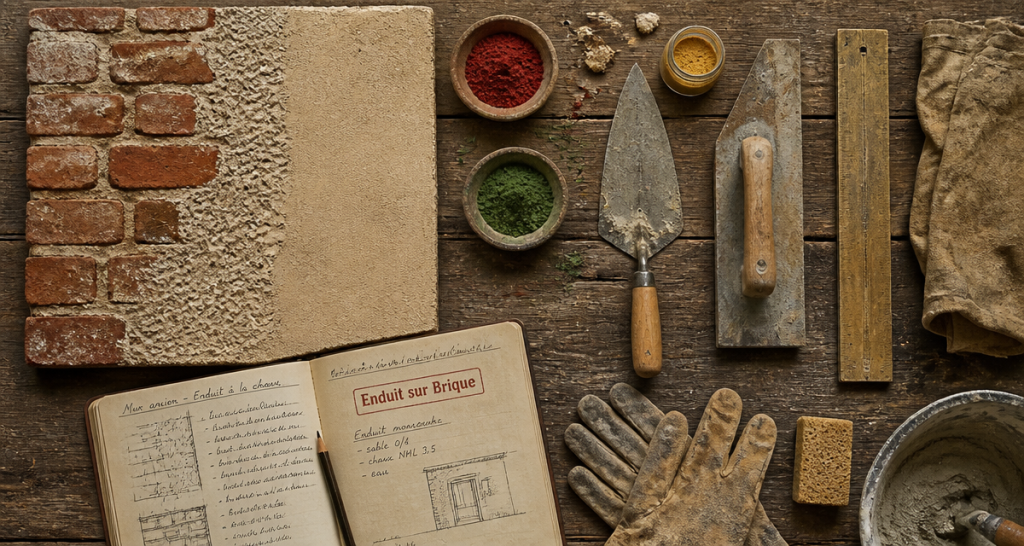 outils enduit sur brique mur et carnet
