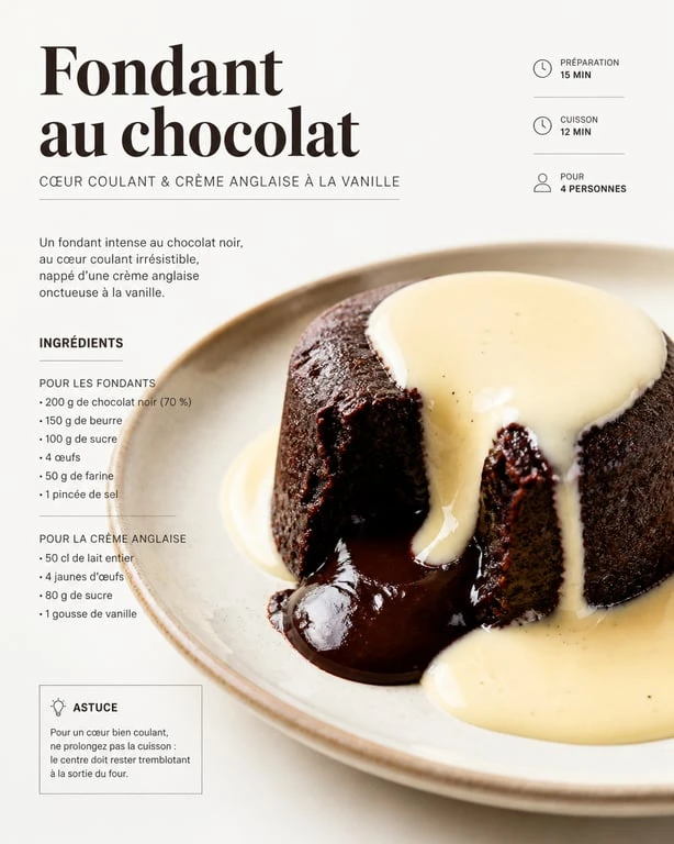Fondant au chocolat noir accompagné d'une crème anglaise pour un dessert gourmand