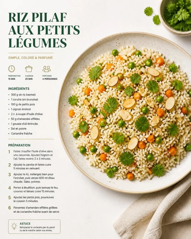 Riz pilaf aux petits légumes et amandes grillées en accompagnement