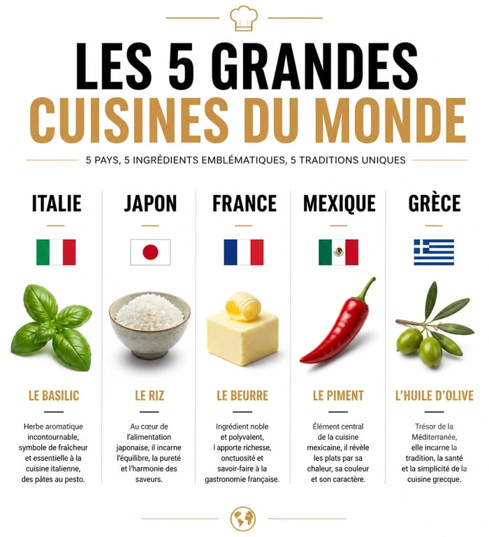 Infographie comparative des 5 grandes cuisines du monde : Italie, Japon, France, Mexique et Grèce
