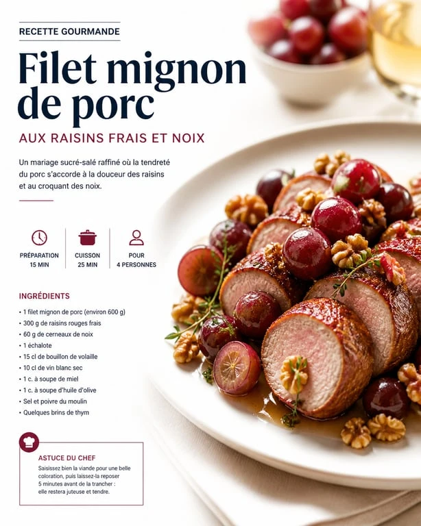 Recette de filet mignon de porc aux raisins frais et noix du Périgord