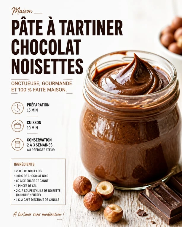 Pâte à tartiner healthy maison au chocolat et noisettes dans un bocal en verre