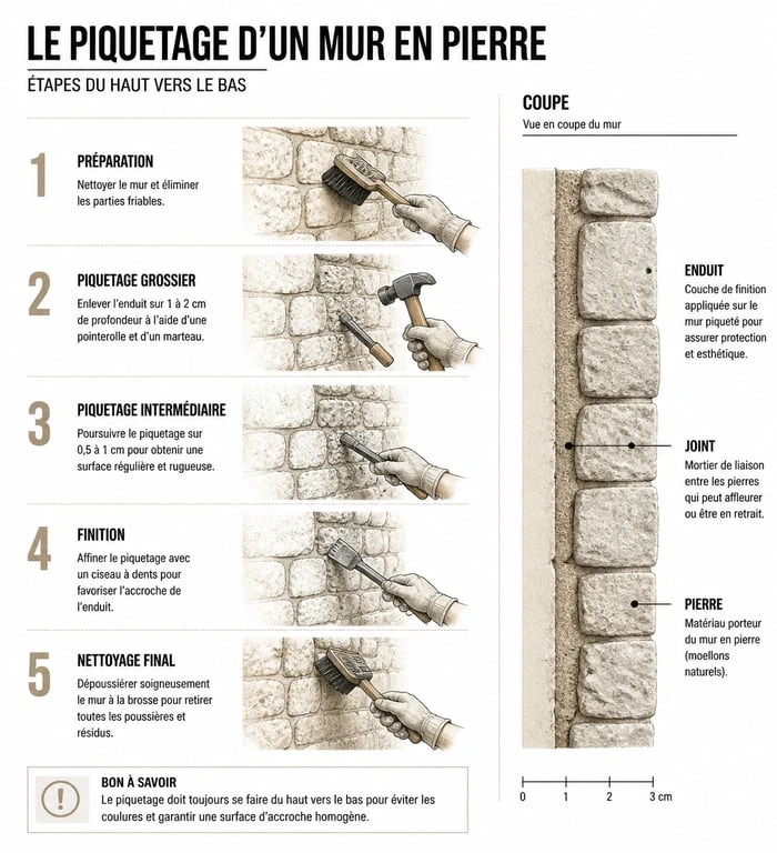 Schéma explicatif des étapes de piquetage d'un mur en pierre pour une rénovation réussie