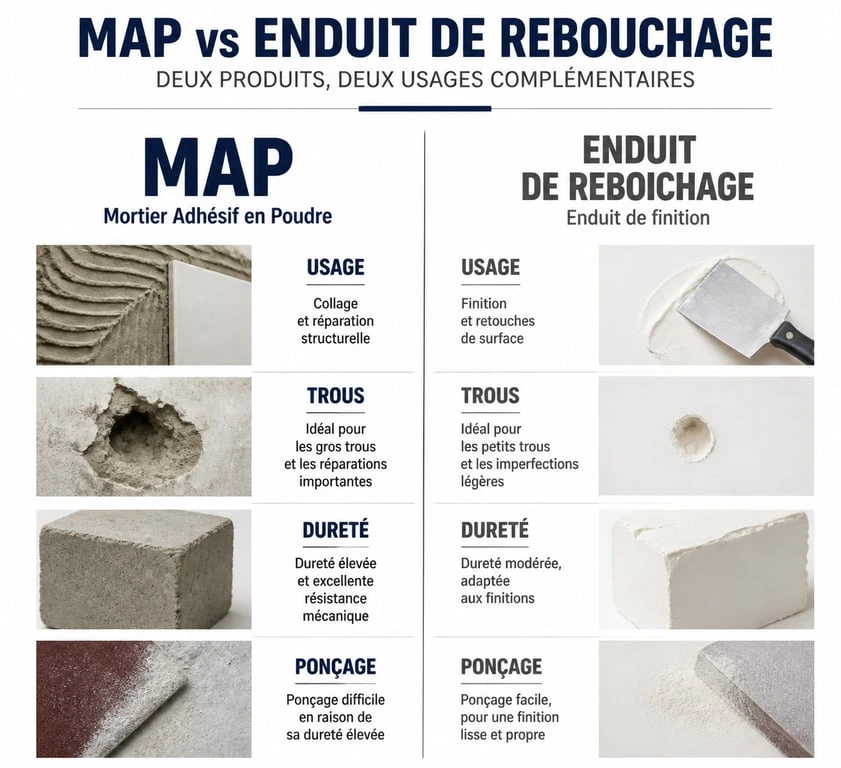 Comparatif MAP vs enduit de rebouchage pour travaux de rénovation murale