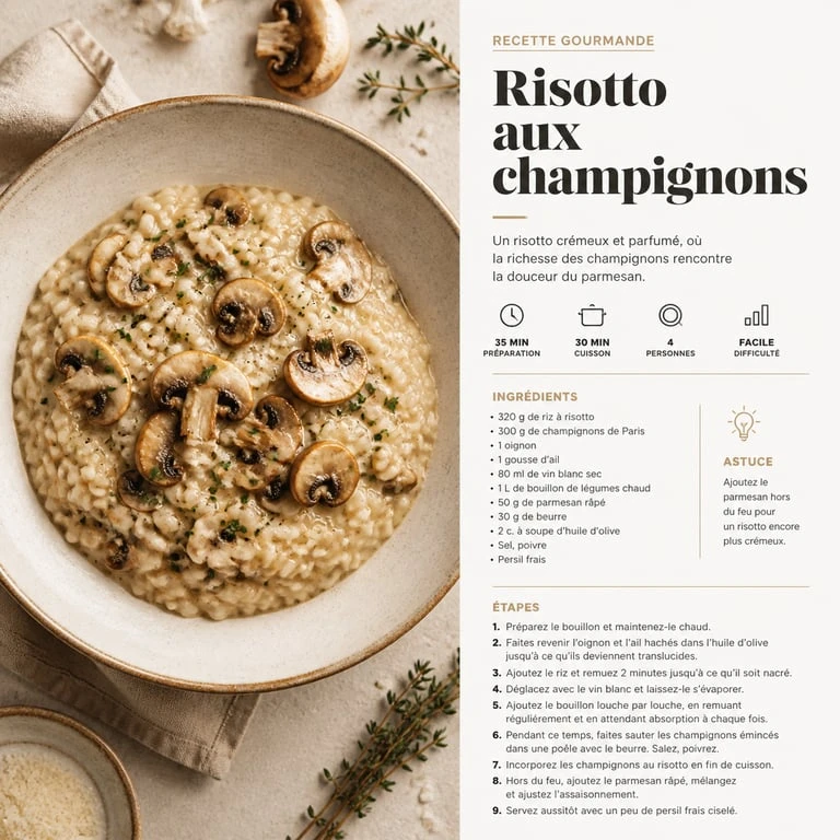 Risotto aux champignons crémeux, plat idéal réalisé avec le meilleur robot cuisine