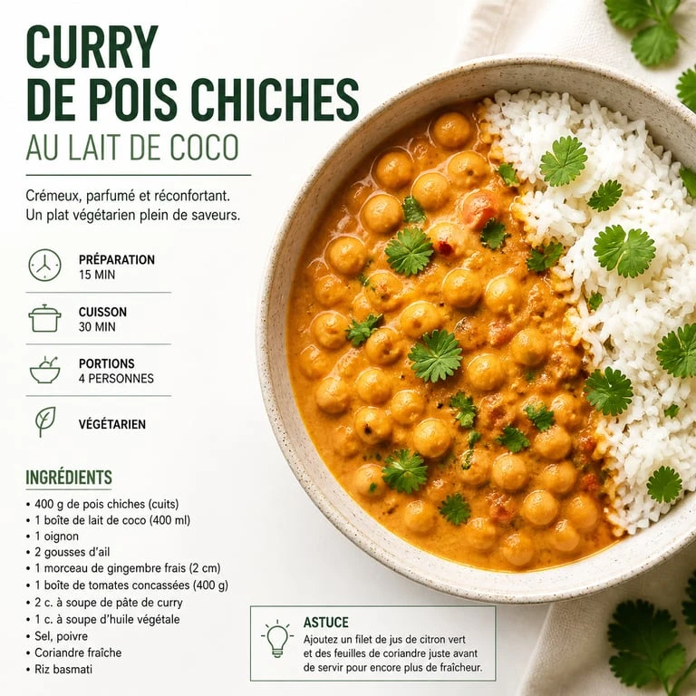 Curry de pois chiches au lait de coco, recette facile et pas cher