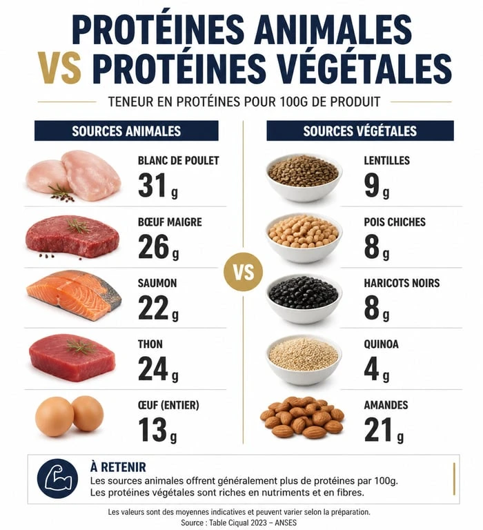 Comparatif visuel des sources de protéines animales et végétales pour un repas riche en proteine