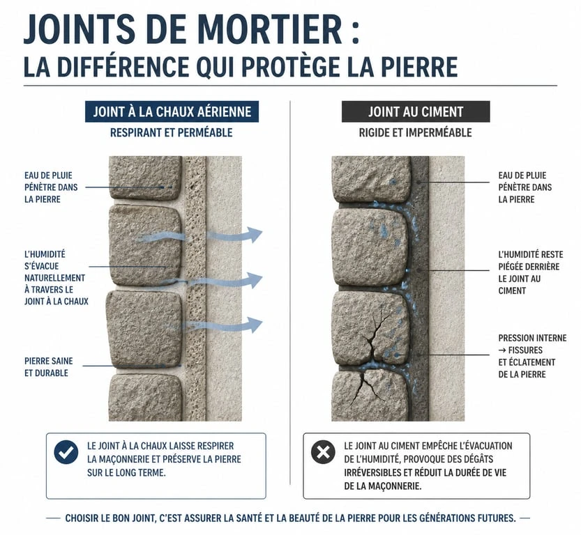 Schéma technique comparatif entre rejointoiement à la chaux et au ciment pour façade en pierre apparente