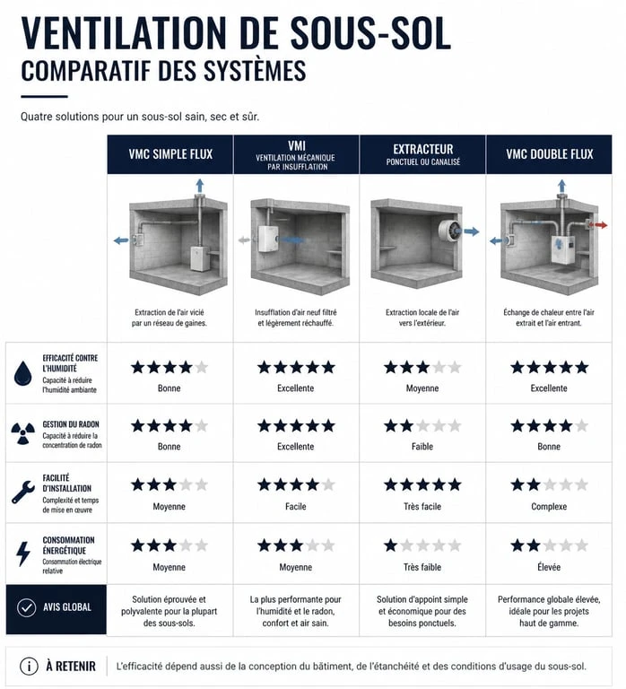 Tableau comparatif des systèmes de ventilation mécanique pour sous-sol : VMC, VMI et extracteurs