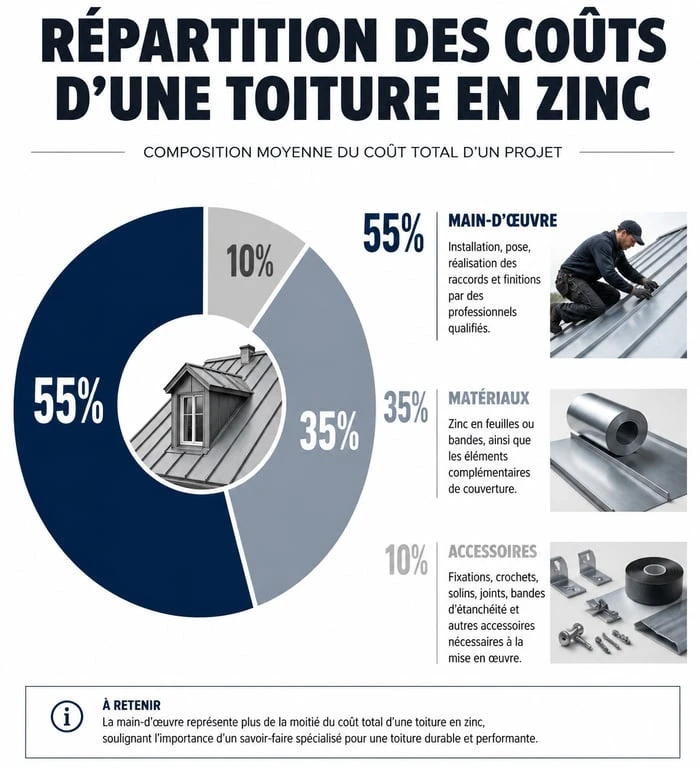 Répartition des coûts d'une toiture en zinc : main-d'œuvre, matériaux et accessoires