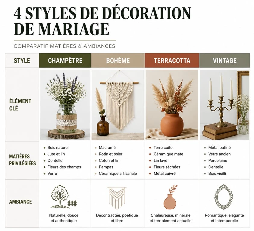 Infographie comparative des styles de décoration de mariage : champêtre, bohème, terracotta et vintage