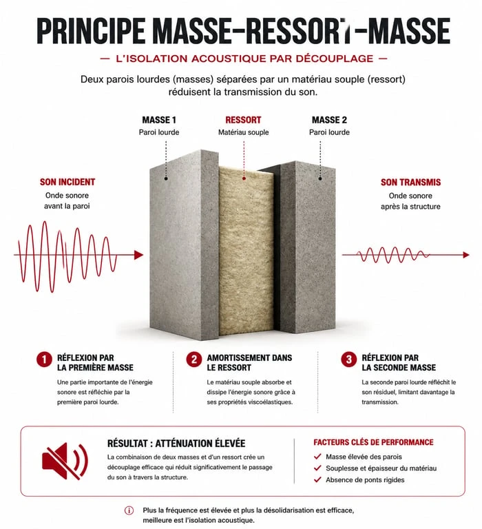 Schéma explicatif du principe Masse-Ressort-Masse pour une isolation phonique efficace