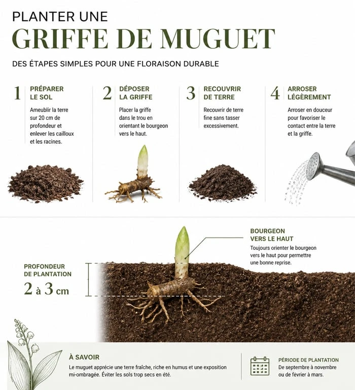 Schéma explicatif de la plantation du muguet en pleine terre : profondeur et position de la griffe