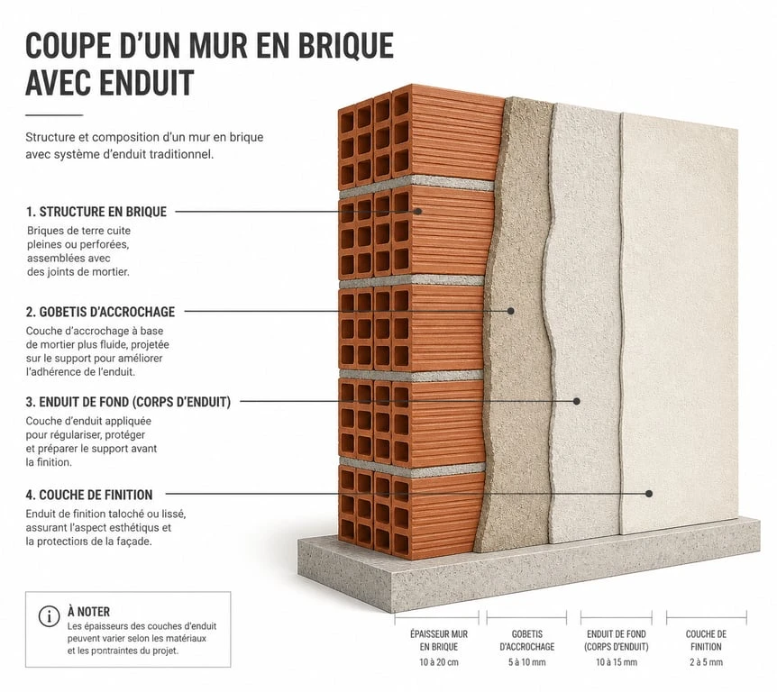 Schéma technique d'une application d'enduit sur brique