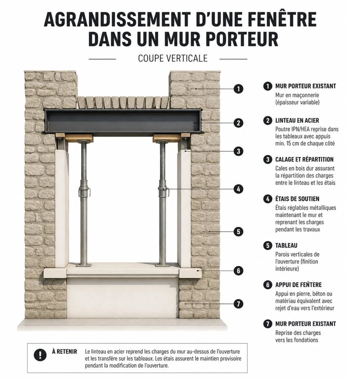 Schéma technique des étapes pour agrandir une fenêtre sur un mur porteur