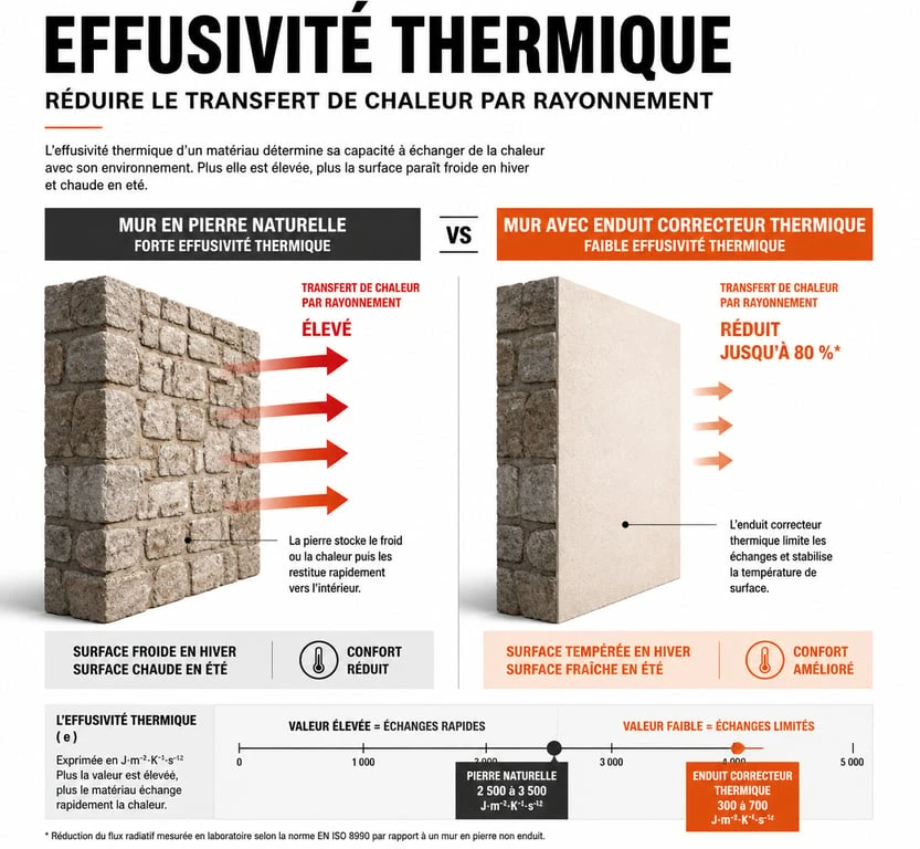 Schéma comparatif de l'effusivité thermique entre un mur en pierre nu et un mur avec enduit correcteur thermique