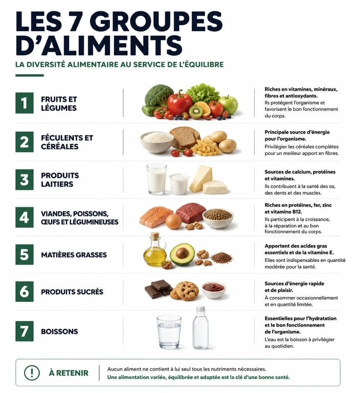 Infographie des 7 groupes d'aliments et équilibre nutritionnel
