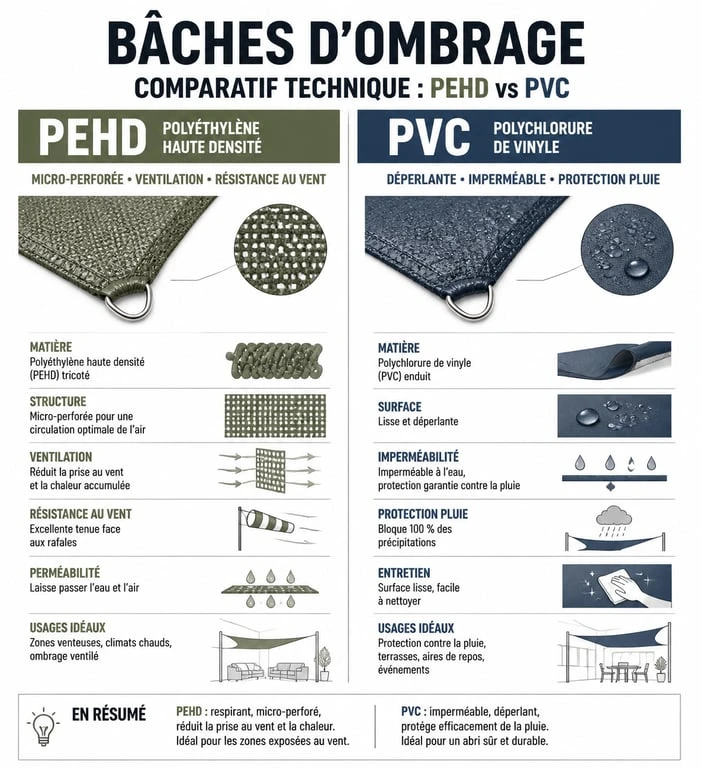 Comparatif des matières de bâches d'ombrage : toile micro-perforée PEHD vs bâche déperlante PVC
