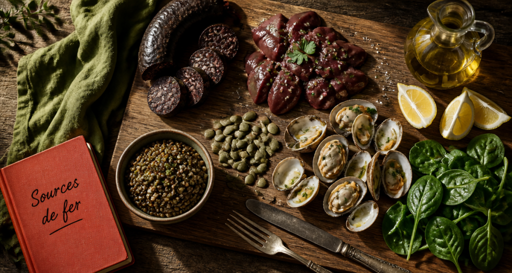 liste d aliments riche en fer sur planche en bois