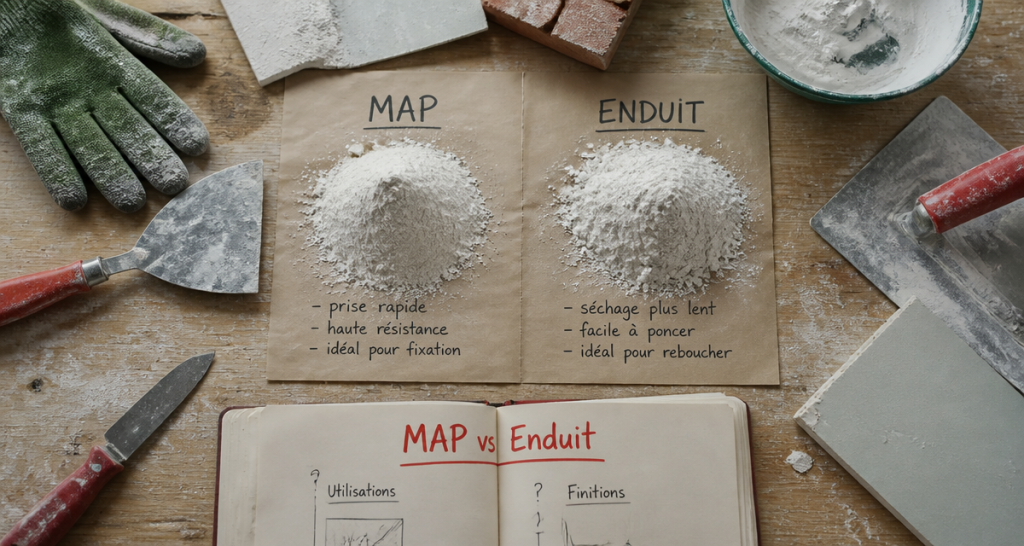 map enduit de rebouchage sur plan de travail atelier