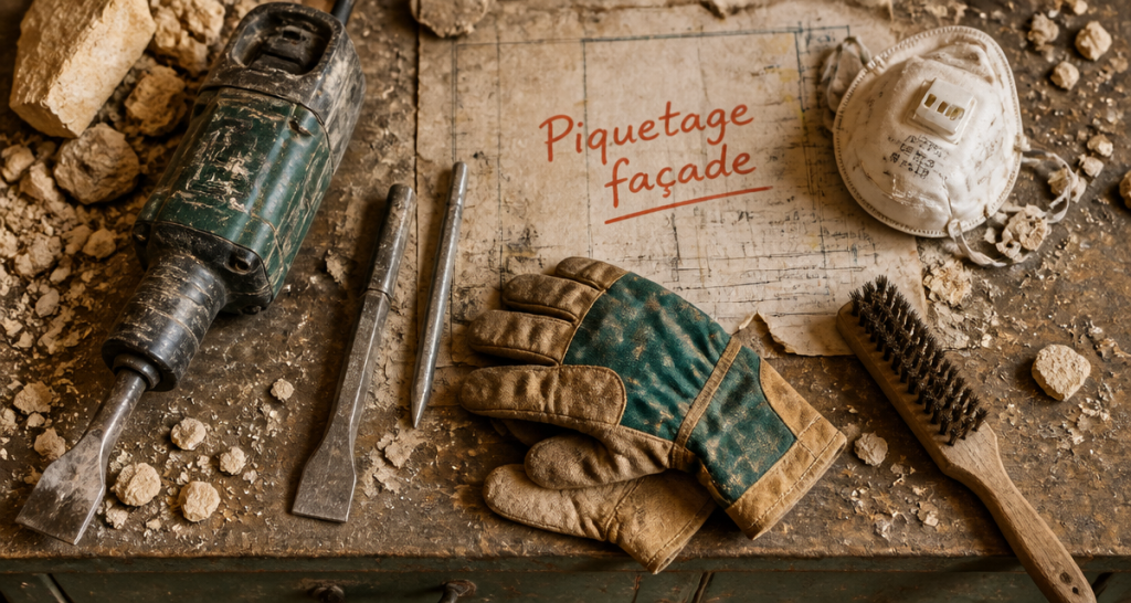 outils piquetage mur sur établi