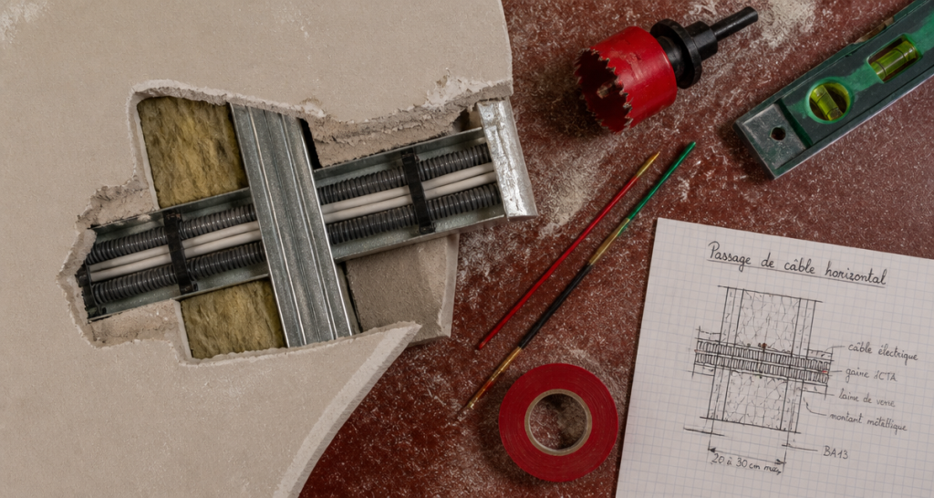 passer un câble horizontal dans une cloison placo, outils, schéma technique
