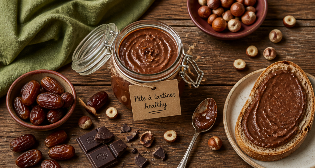 pate a tartiner healthy maison sur table avec noisettes et pain
