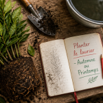 quand planter le laurier, motte et outils de jardinage